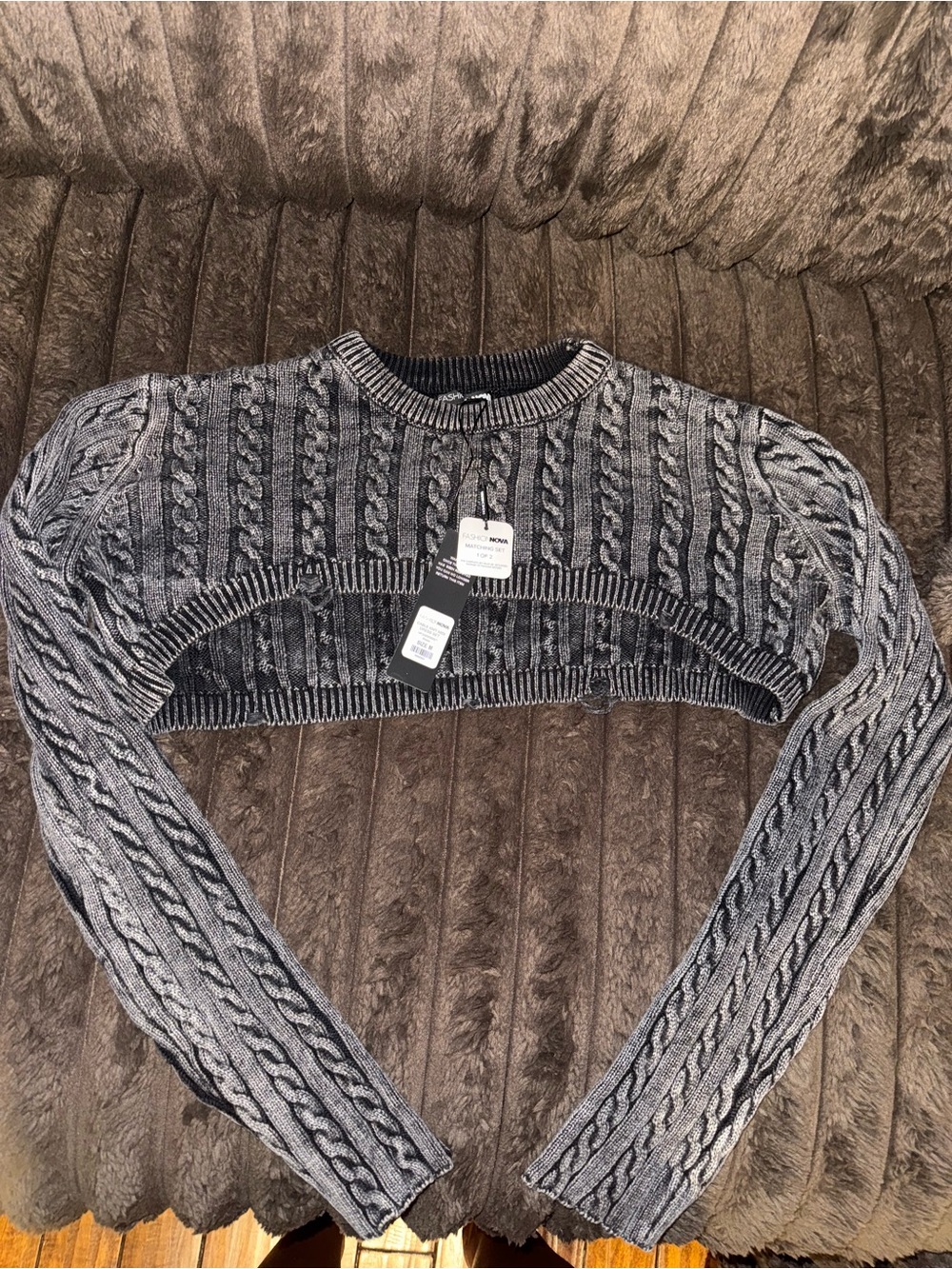 Fashion Nova Gray Cable Knit Cropped Crew Sweater